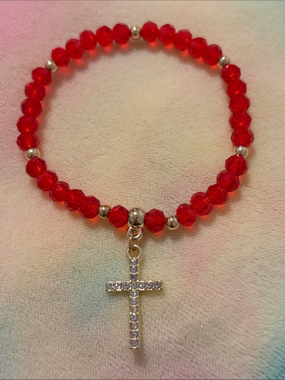 NWOT Red Beaded Cross Charm Stretch Bracelet